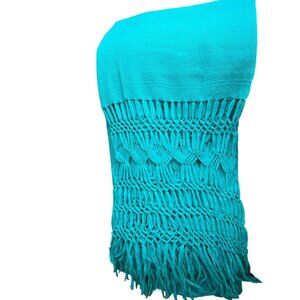 Vintage Teal Woven Shawl With Intricate Macramé Fringe 91x23.5" HS241